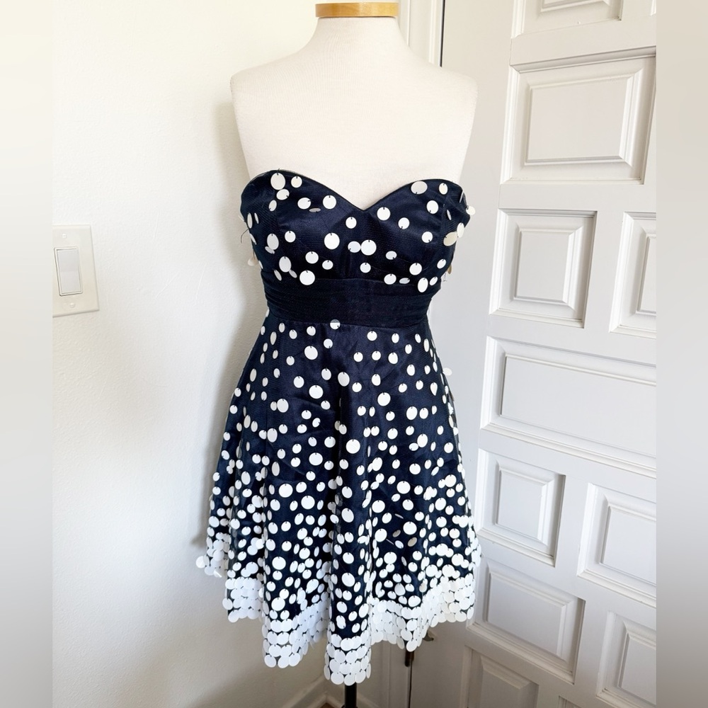 Jovani Navy Blue White Polka-Dot Dress Cocktail Party Rare Unique Size 4